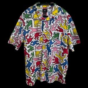 Rare Keith Haring Print H&M Short Sleeve Cotton Button Up Shirt NWT Size L